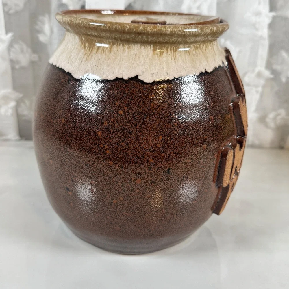 Vintage Brown Drip Glaze Cookie Jar He Who Indulges Bulges 70s‎ Kitschy